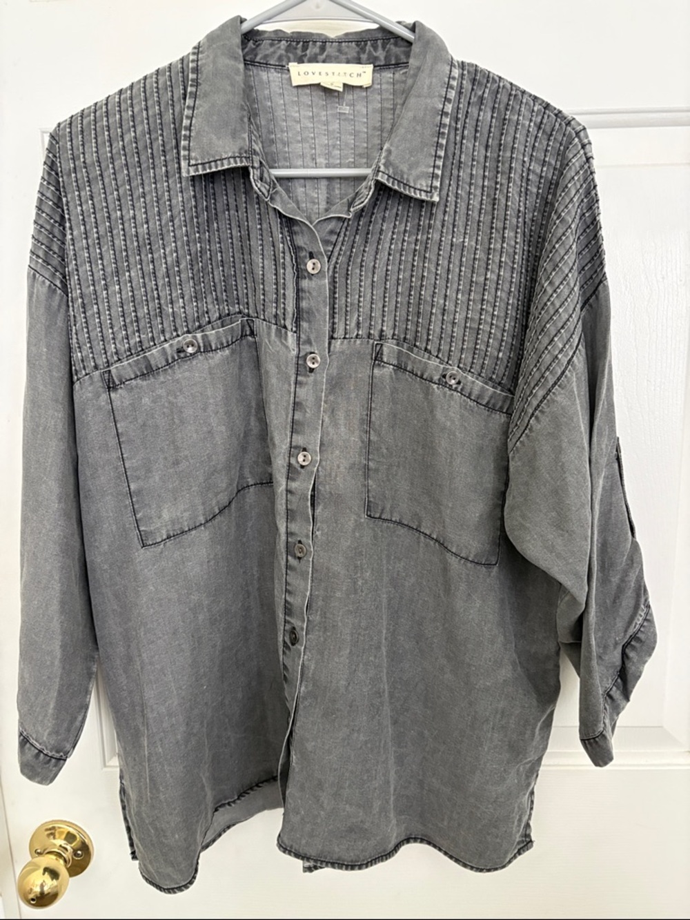 Lovestitch Gray Vertical Pintuck Button-Up Shirt OVERSIZED